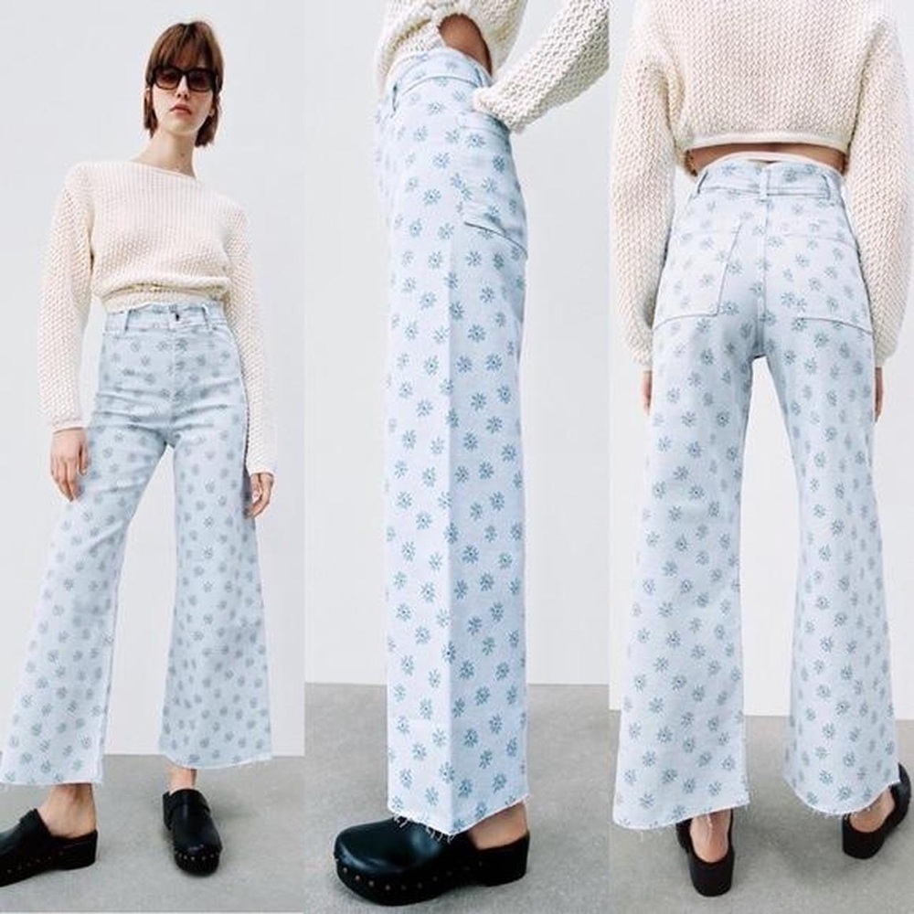 Marine Straight Flower Print Denim